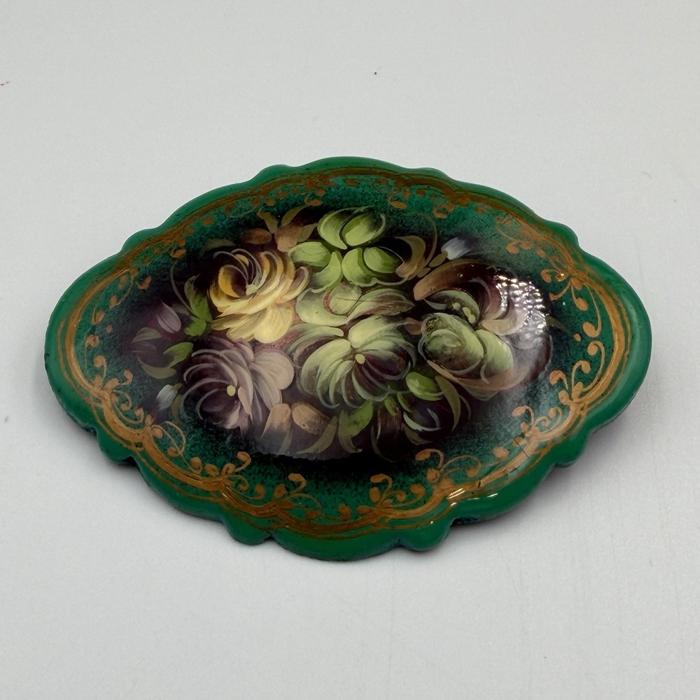 Russian Lacquer Brooch Pin Hand Painted Artist Signed Vintage Floral Jewelry